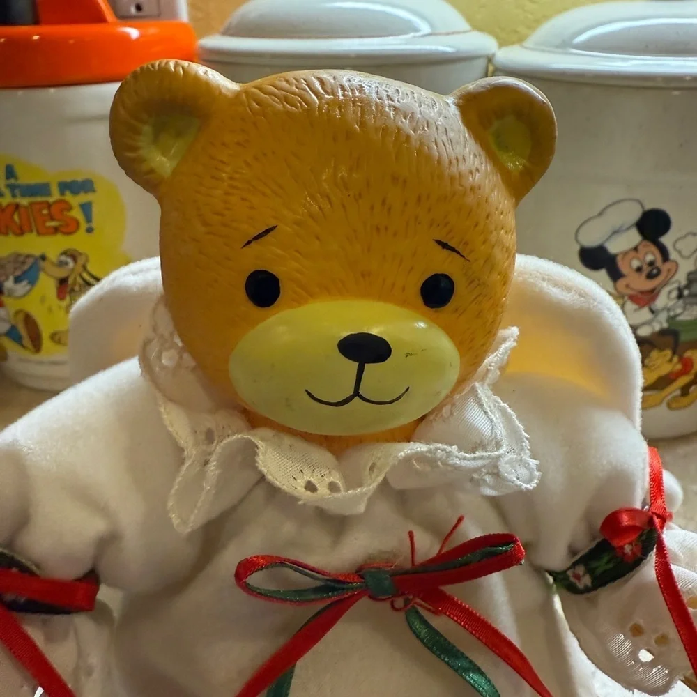 Vintage Angel Christmas Tree Topper Teddy Bear Figurine w/ Holiday White Dress